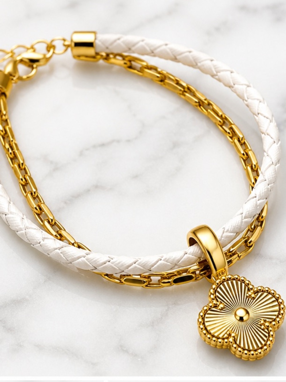 Gold and White Braided Leather Flower Pendant Bracelet - like van cleef styles